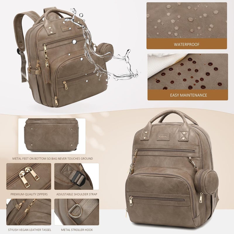 ROSEGIN Premium Vegan Leather Diaper Bag Backpack with Waterproof Changing Pad, Reinforced Zippers & Odor-Free, 20 Pockets Pro Organizer, Fits 15.6" Laptop, Stroller Straps, Baby Bag for Mom, Taupe - Image 5